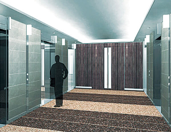 オフィスフロアのエレベーターホールに自動扉の設置も可能（フロア使用の場合）