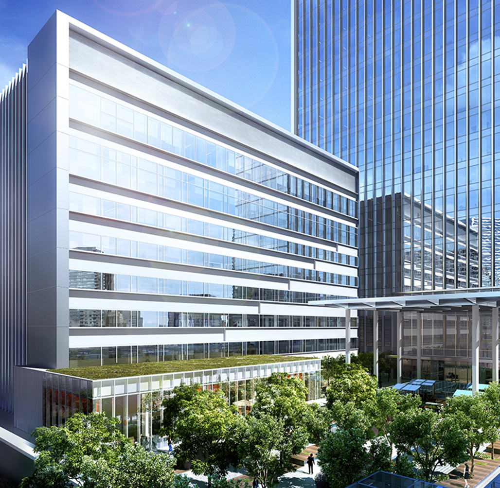 CG rendering of the front yard of the completed Office Towers and the completed hotel