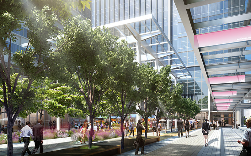 CG rendering of the front yard of the completed Office Towers
