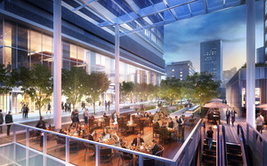 thumbnail image of CG rendering of the front yard of the completed Office Towers
