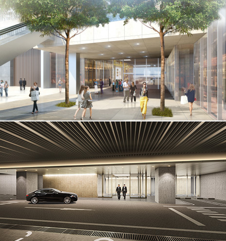 CG rendering of the completed commercial zone on 1F and the completed carriage porch on B1F
