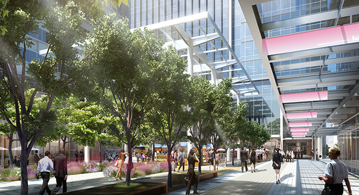 CG rendering of the front yard of the completed Office Towers
